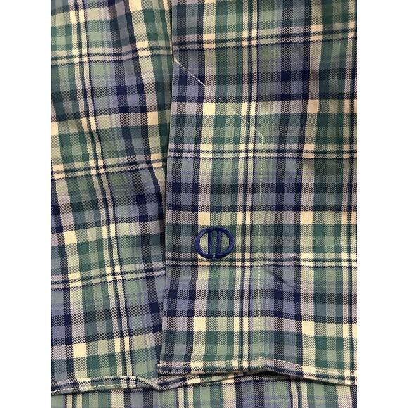 David Donahue Dress Shirt Mens Large Blue Green Plaid 100% Cotton - Picture 2 of 6